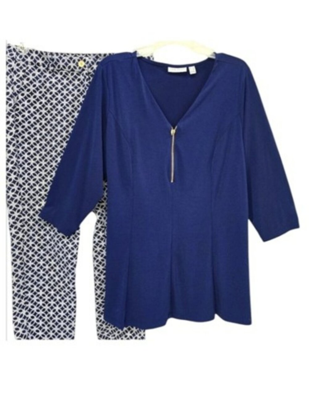 Susan Graver Women's Blouse Size 1X Navy Blue Gold Zipper Office Stretchy V Neck